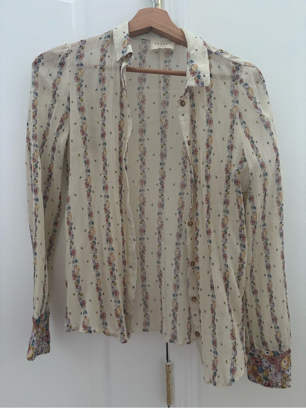 Sezane Cream Floral-Stripe Button Front Blouse